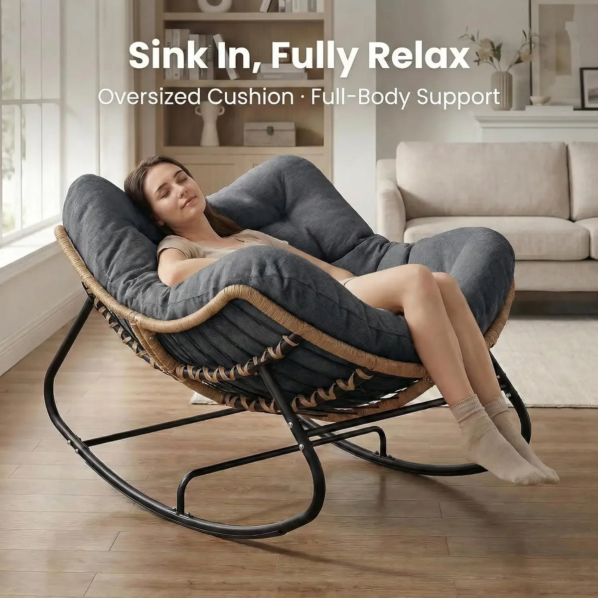 Oversized Outdoor Rocking Chair, Patio Papasan Rocker, Comfy Wicker Egg Chair with Cushion, Dark Grey