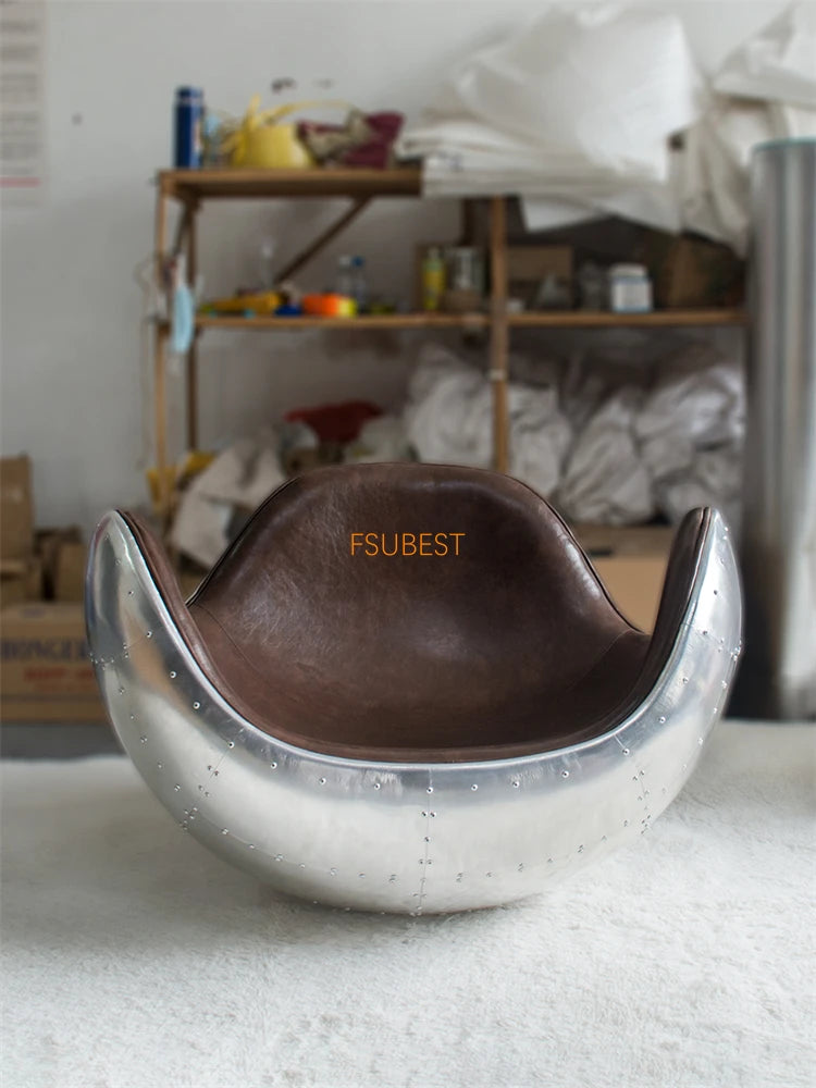 FSUBEST Vintage Aluminum Aviator ball chairs Living Room Sofas Leather Skin Rocking Aviator Aluminum Leather Arm Chair