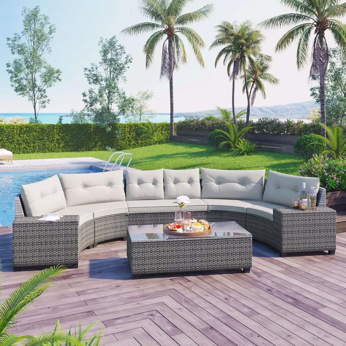 7 Piece Outdoor Patio Furniture Sofa Sets,All Weather Rattan Conversation Sofa Set with Striped Green Pillows/Tempered, Custom