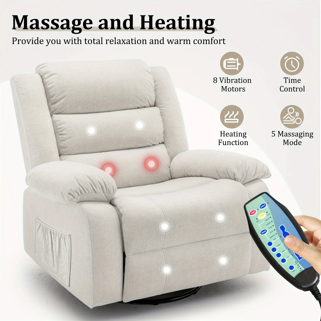Rocking Chair with Massage And Heating Function, 360° Rotating Extra Large Recliner, Wide Rocking Chair for Adults with Side Poc