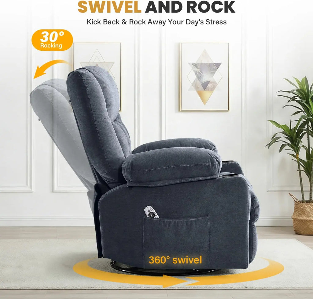 Recliner Chair with Vibration Massage and Lumbar Heat for Living Room, Oversized Ergonomic Swivel Rocking Chair, Featuring Side