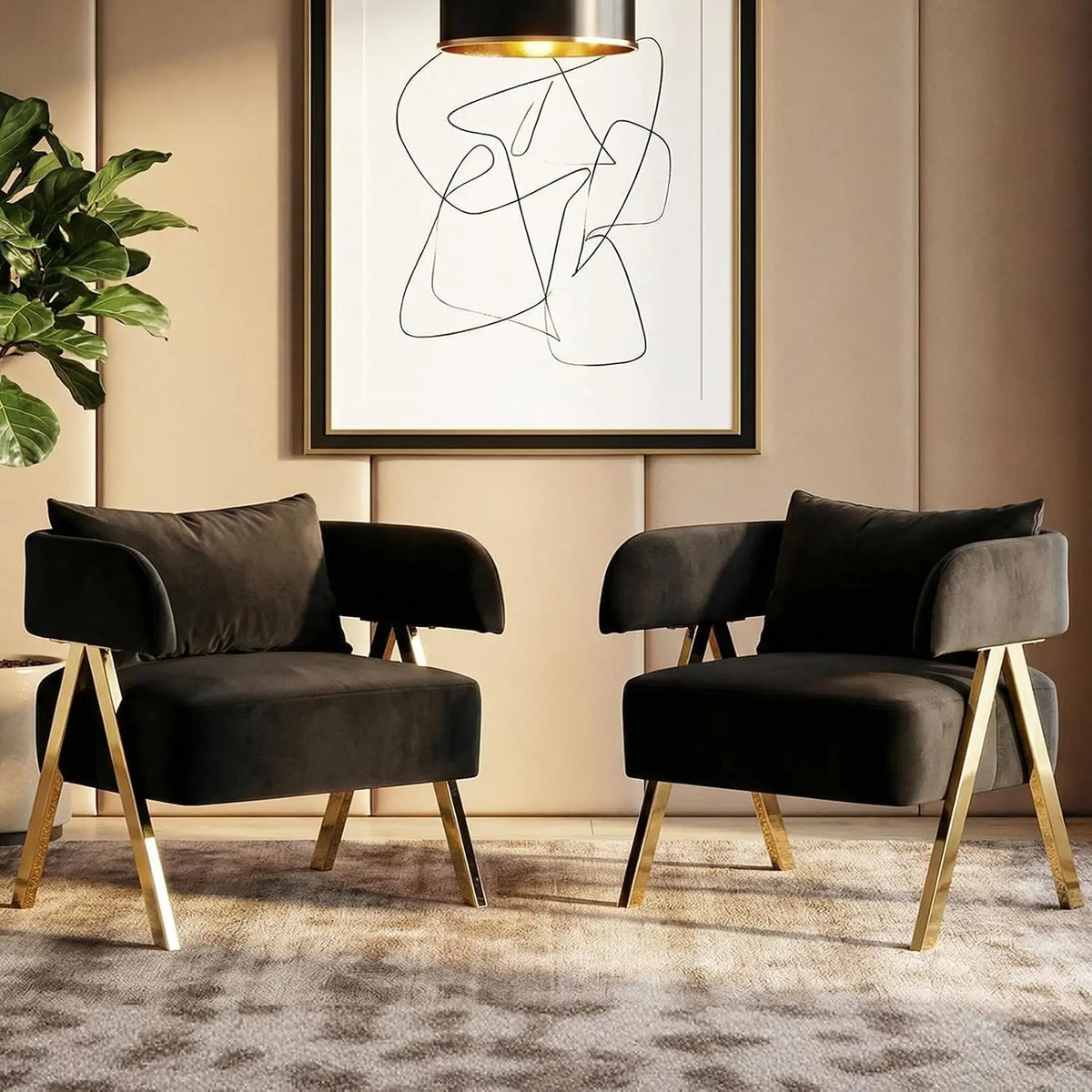 Black Velvet Barrel Chair Set 2, Wide Seat Gold Legs Accent Armchair Living Room Bedroom Small Space, Customized