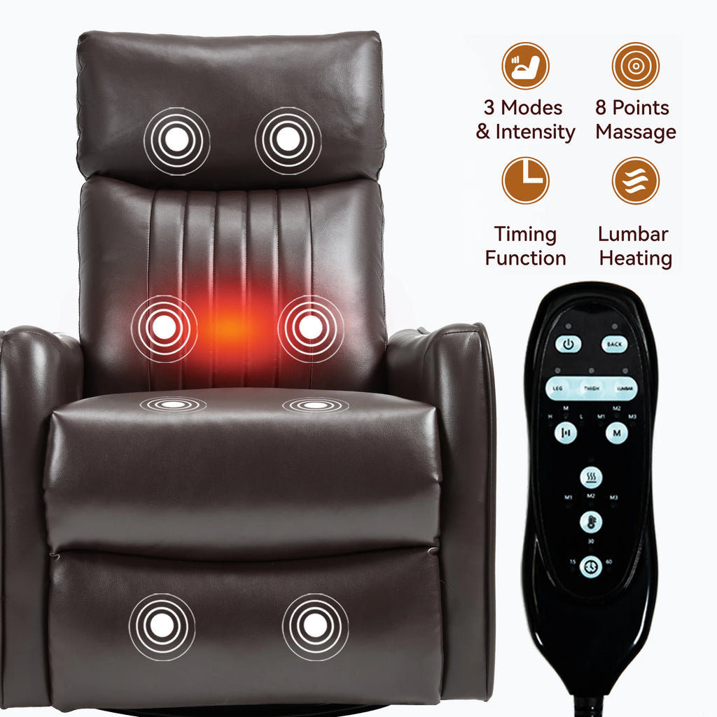 Manual Recliner Chair with Heat & Massage, Brown Faux Leather Rocker Swivel Accent Chair for Living Room
