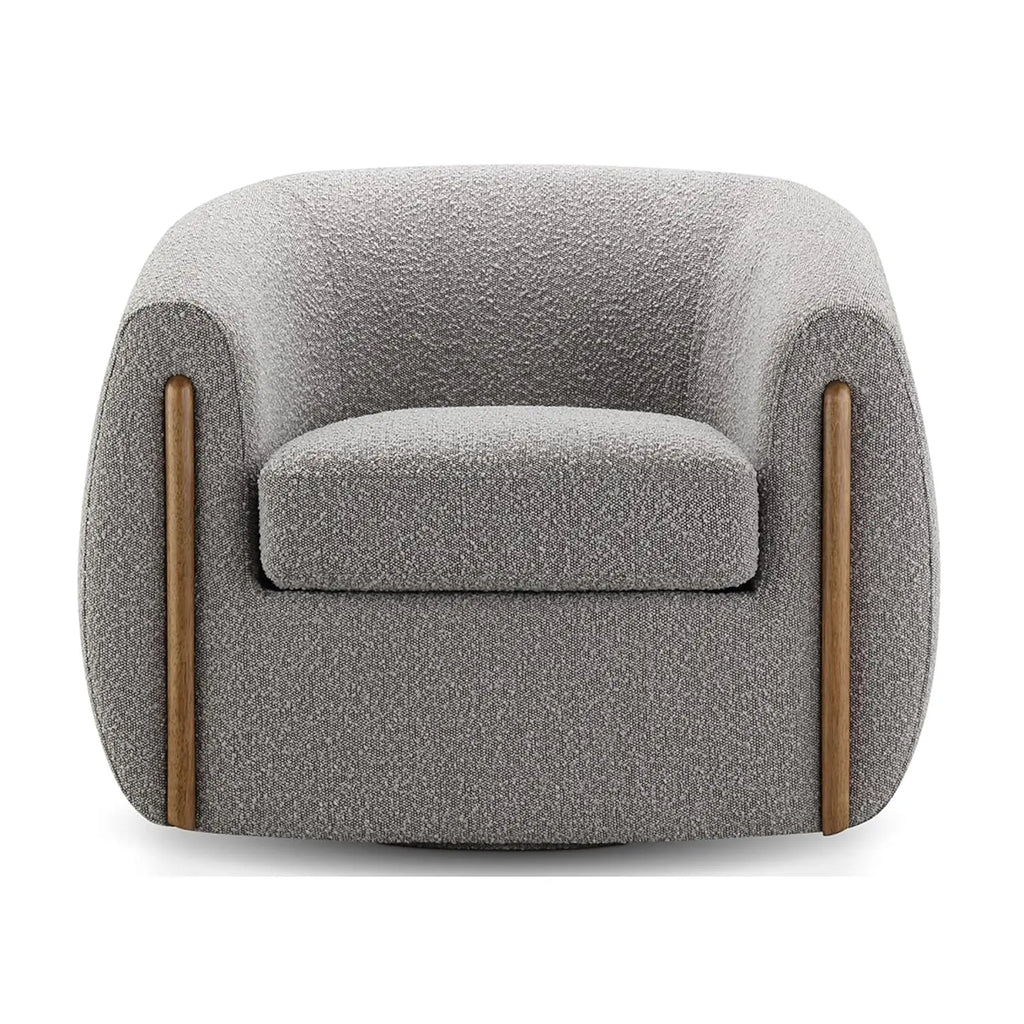 Aspen Bouclé Swivel Barrel Chair with Wood Accents – 360° Rotating Accent Armchair, High-Density Foam Cushioning,, Customized