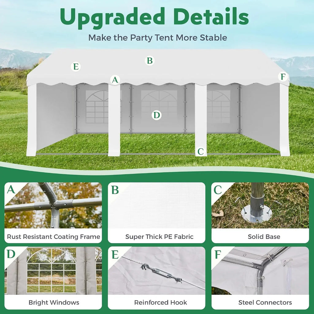20X20FT Party Tent, White Outdoor Wedding Canopy with Removable Sidewalls and Church Windows, Heavy Duty Pavilion, Customized