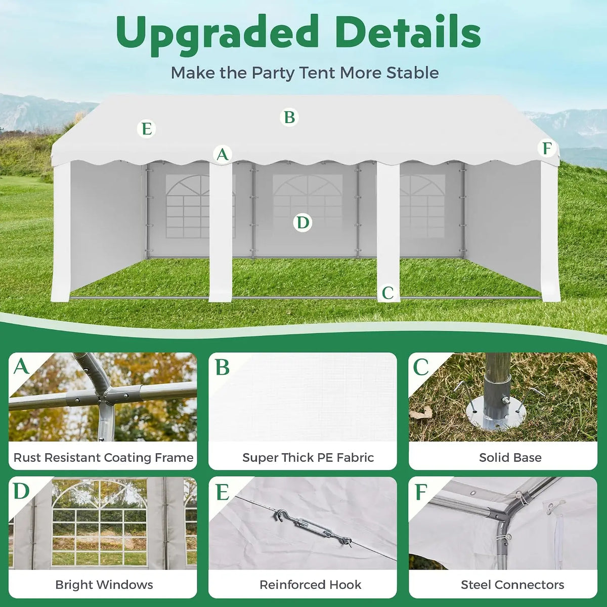 20X20FT Party Tent, White Outdoor Wedding Canopy with Removable Sidewalls and Church Windows, Heavy Duty Pavilion, Customized