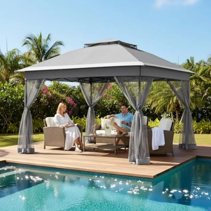11x11 Pop Up Gazebo with Mosquito Netting Easy 1-Person Setup Water-Resistant Backyard  for Family Patio Garden Use