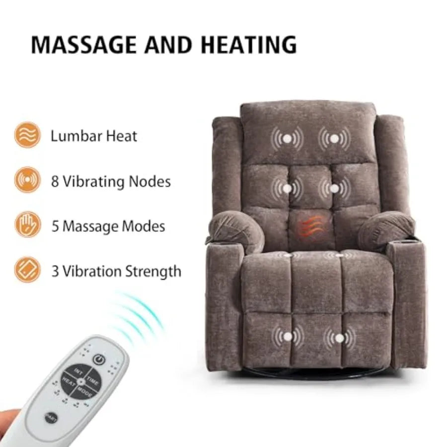 Power Swivel Rocker Recliner Chair for Adults with Massage and Heat, USB and Type-C Ports, Infinite Position, Electric Glider R