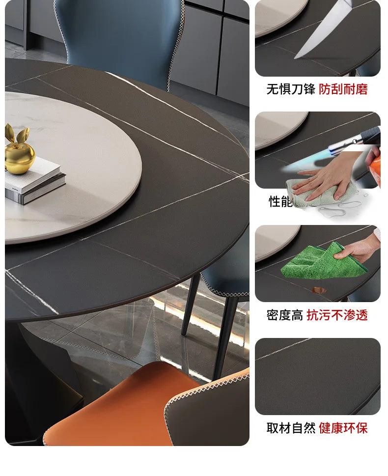 PG Italian minimalist light luxury rock slab bright dining table modern simple round table with turntable high-end dining table