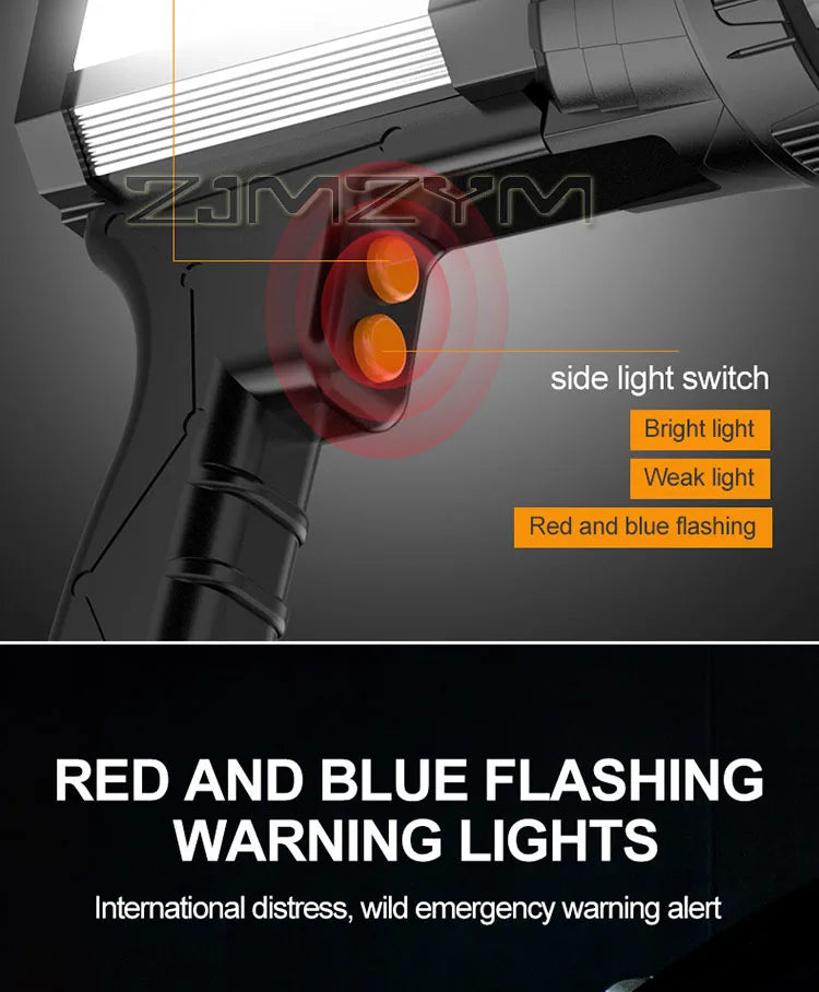 Super Bright Searchlight Powerful Rechargeable Flashlight LED Work Light Long Lasting Spotlight Camping Lantern With Side Light