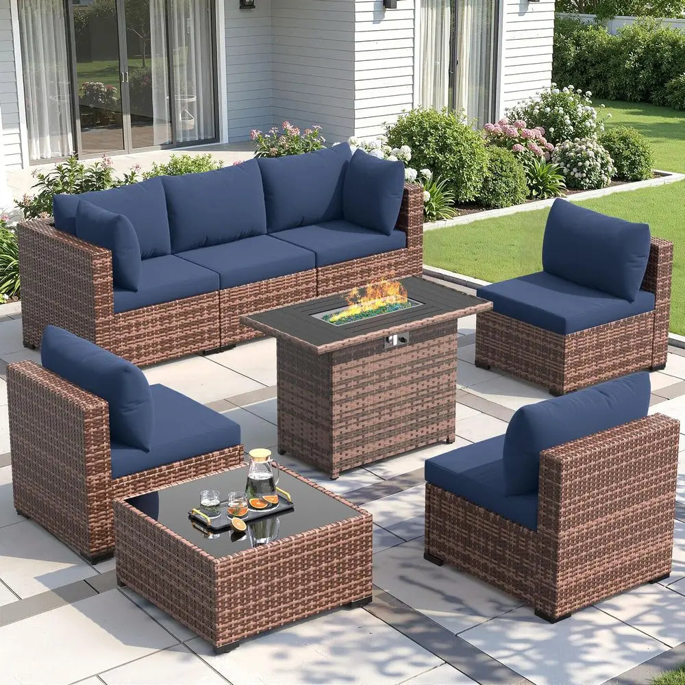 8 Pieces Patio Furniture Set with Fire Pit Table, AllWeather Outdoor Sectional, Wicker Conversation Set for Garden, Backyard, P