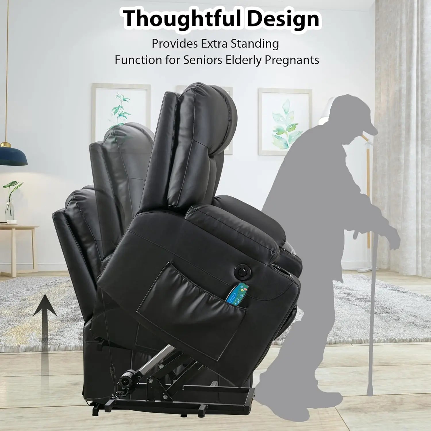 Electric Power Lift Recliner Chair with Massage Heat for Elderly, 3 Positions, USB, Cup Holders, Faux Leather