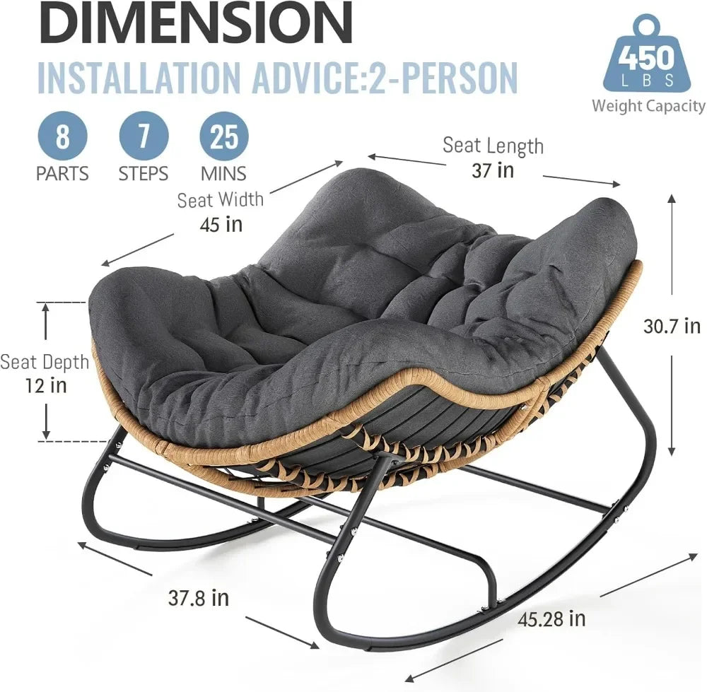 Oversized Outdoor Rocking Chair, Patio Papasan Rocker, Comfy Wicker Egg Chair with Cushion, Dark Grey