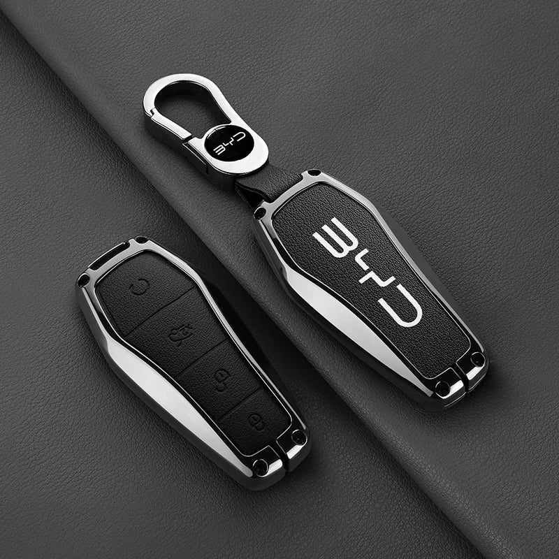 Alloy Leather Car Smart Remote Key Case Cover Emblem Accessories For BYD Song Pro Tang Dmi QIn PLUS MAX Yuan EV Dolphin Seagull