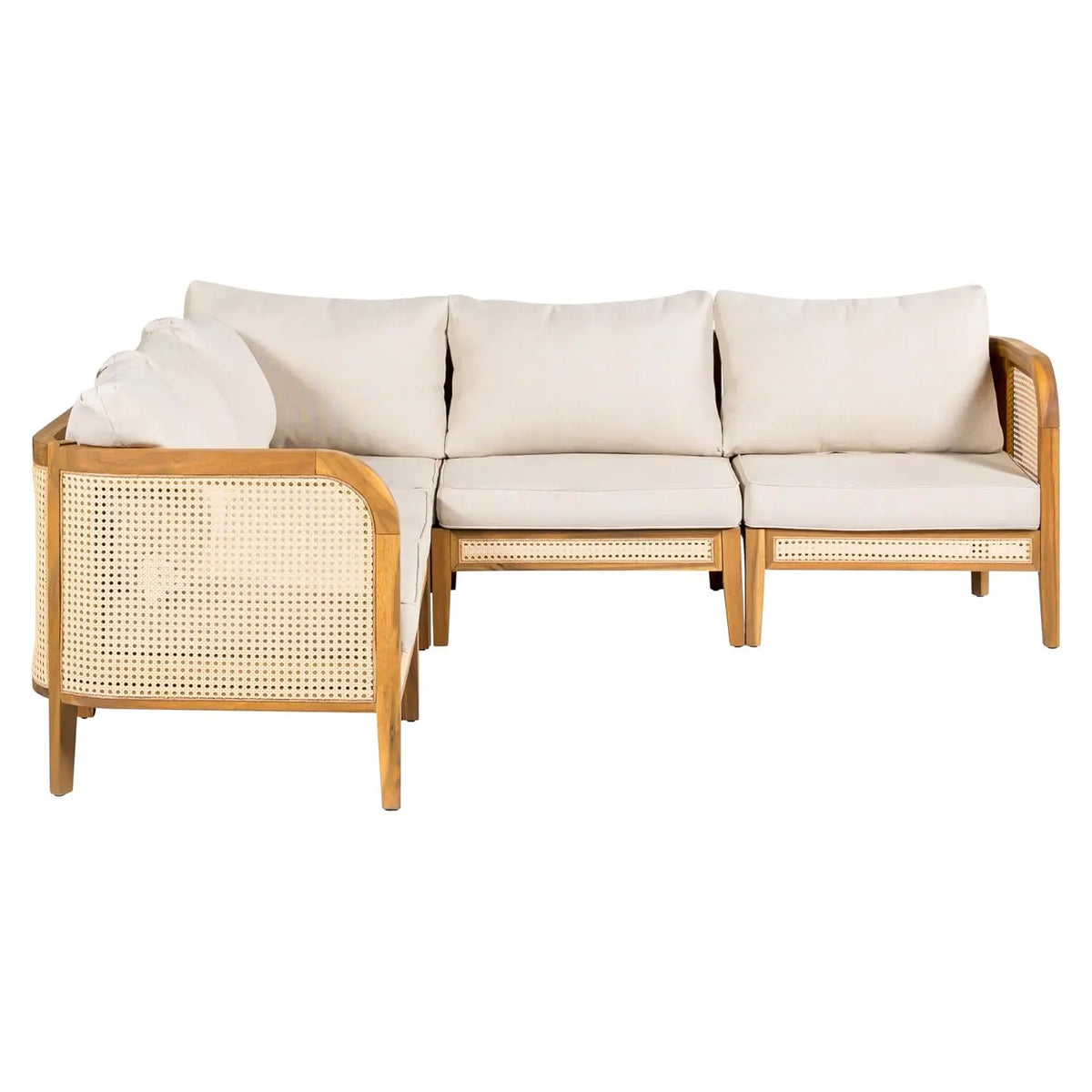 5 Piece Patio Outdoor Furniture Set, All-Weather Rattan Wicker L-Shaped Sectional Sofa w/Cushions, Acacia Wood, Customized