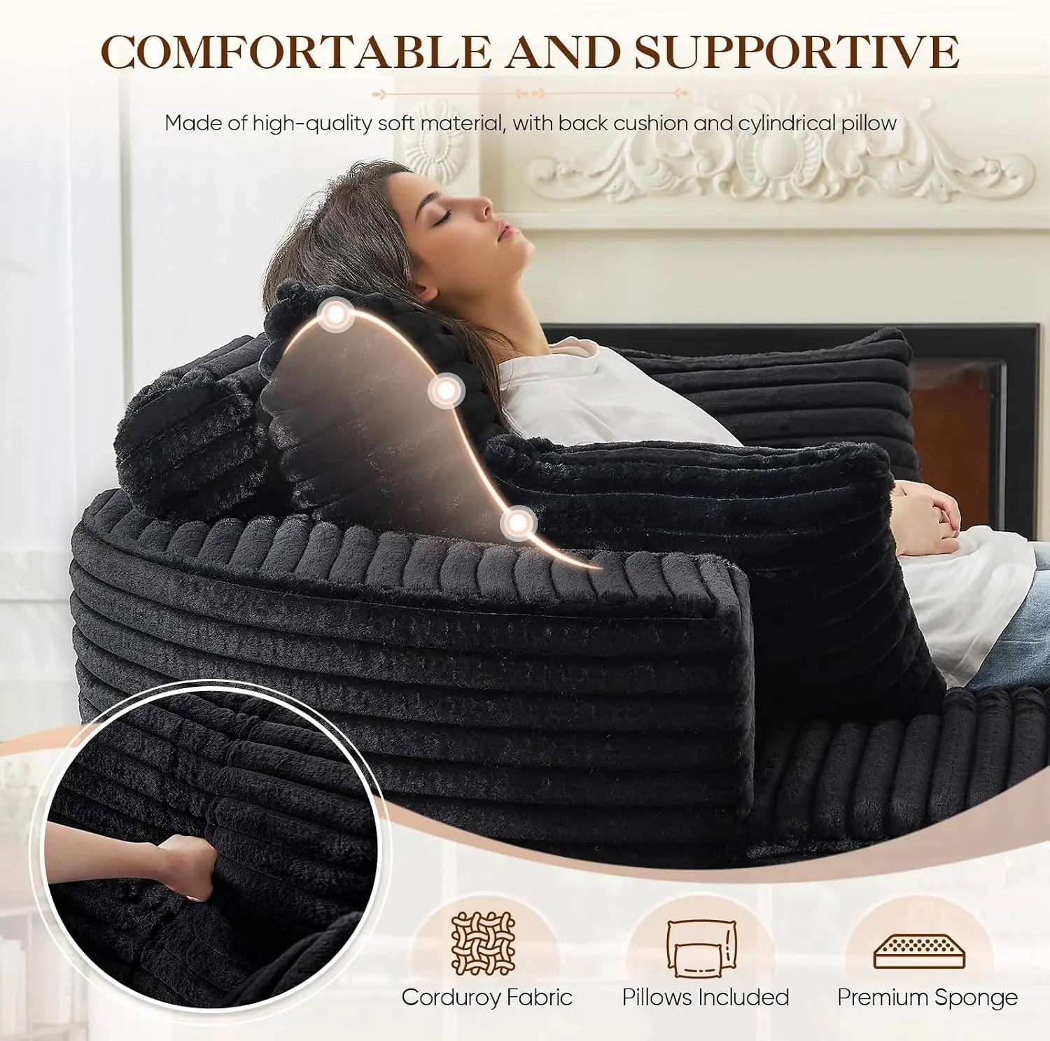 Round Chaise Longue Chair Indoor, Modern 55-inch Upholstered Corduroy Deep Seat Circle Single Cloud Lounge, Customized