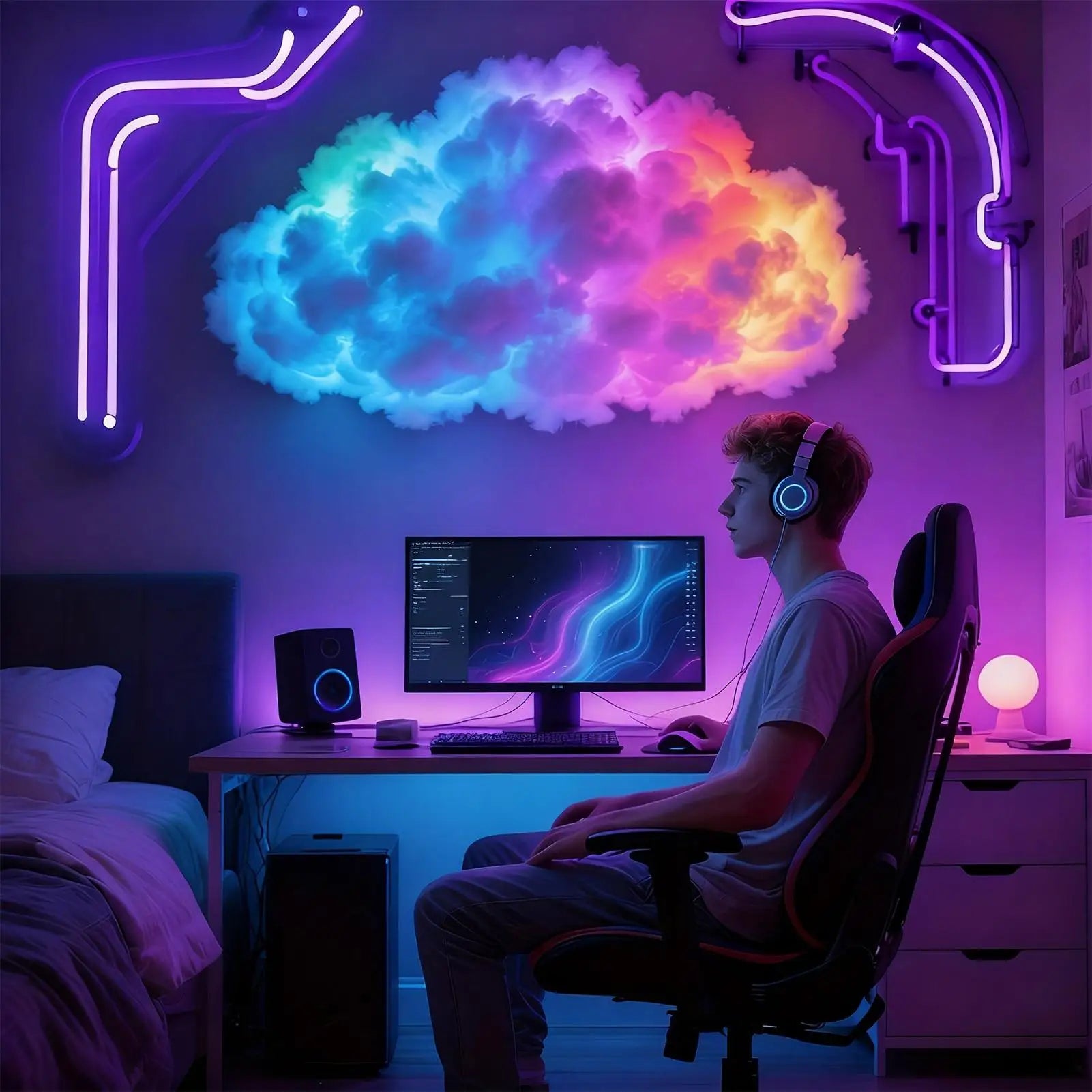 LED Clouds for Ceiling 3D USB Thundercloud Lamp Set Ambient Music Light for Desktop Ceiling Bedroom Living Room Office Party
