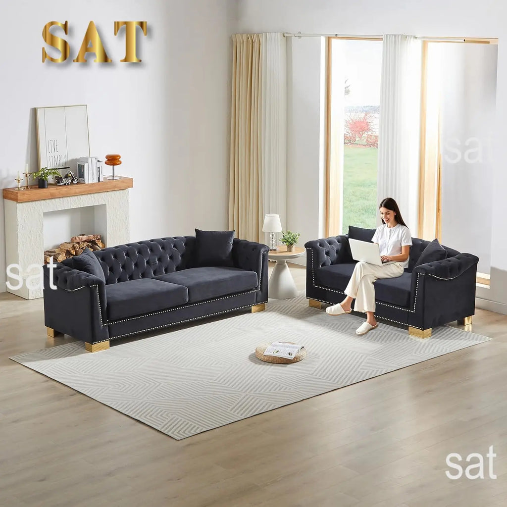 #2 Pieces 84" 3-Seater + 62" Loveseat Beige Velvet Sofa Sets, 4 Cushion Classic 6.5" Rolled Arm Modern, Customized