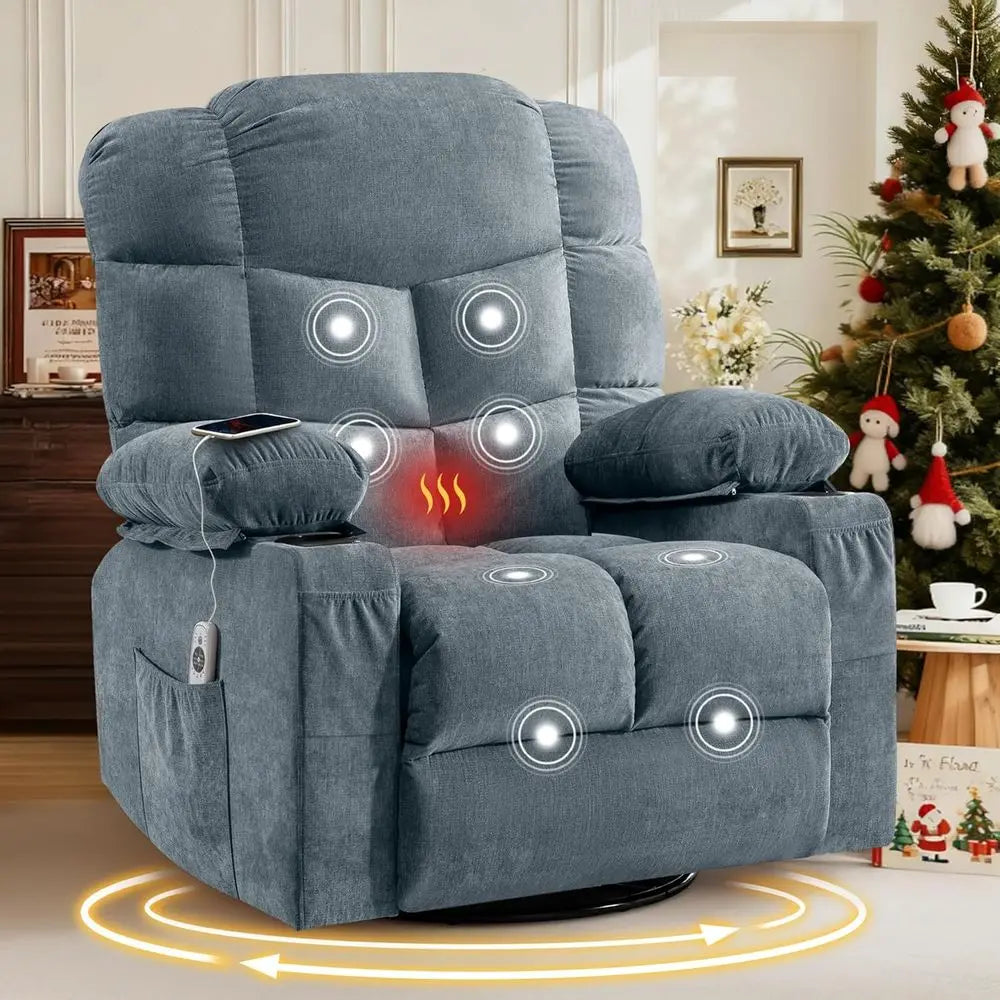 Large Oversized Swivel Massage Recliner with Lumbar Heat, Cup Holders, and USB Port