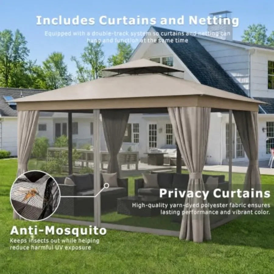 10'x12' Outdoor Patio Gazebo Canopy with Double Roofs and Mosquito Nettings