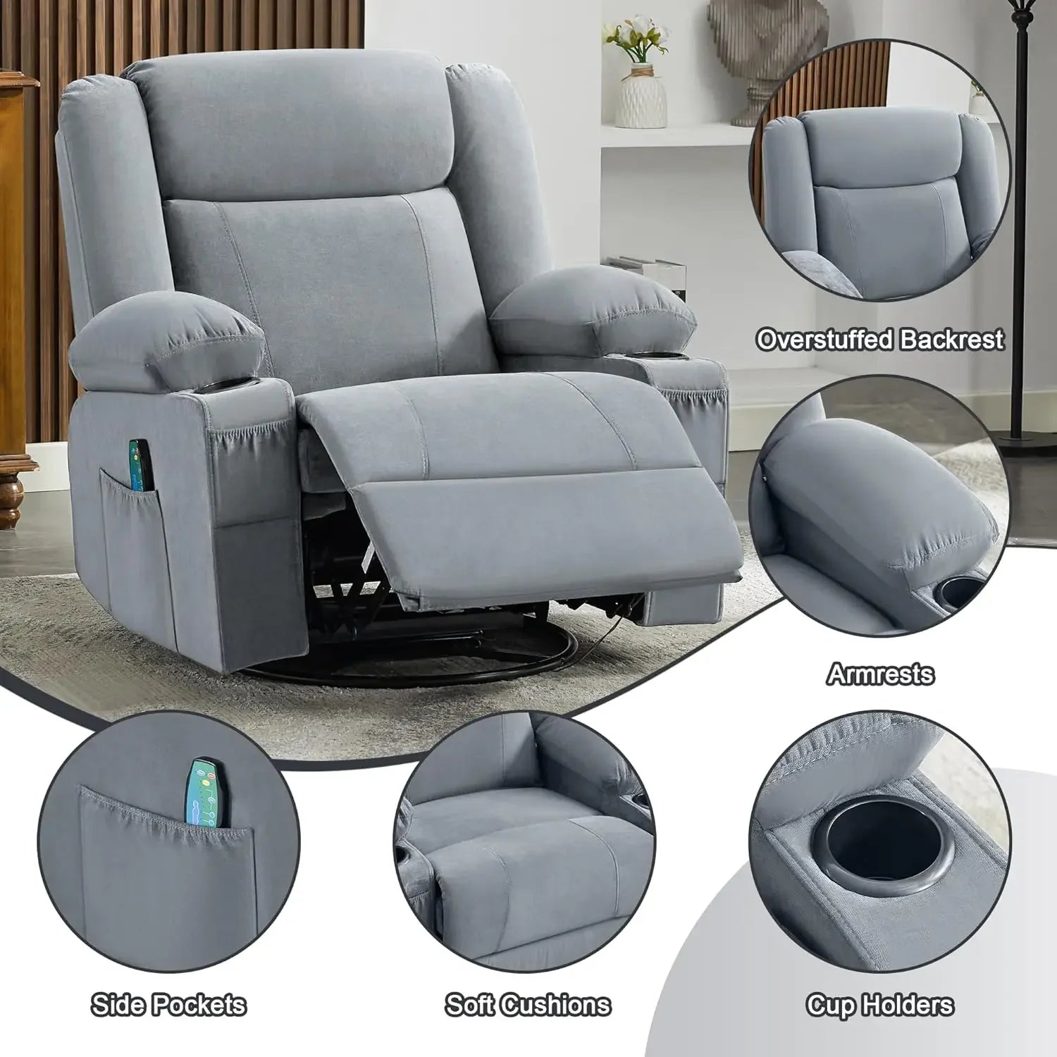 Swivel Recliner Chair with Vibration Massage & Lumbar Heat, Ergonomic Rocking Chair with Cup Holders for Living Room
