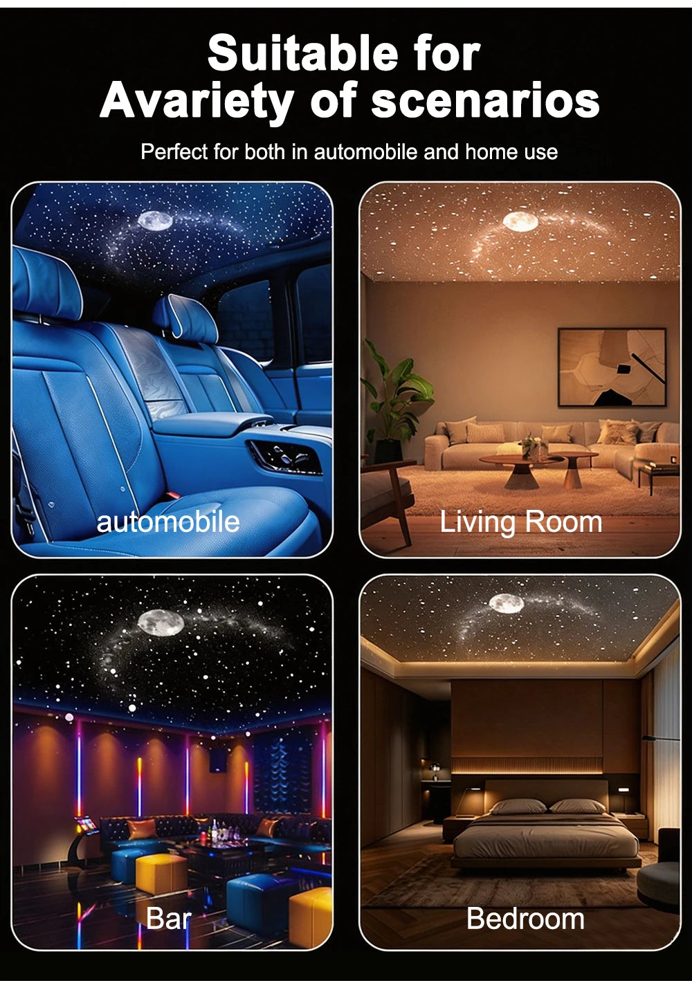 USB Starry Sky Projector Night Light 360° Bendable HD Galaxy Moon Planet Projection Lamp Plug Play Car Bedroom Projector Lamp