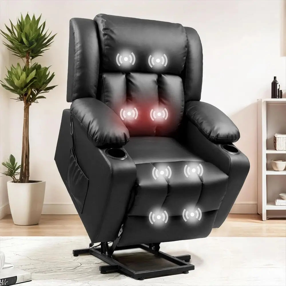 XL31 Power Lit Recliner Chair or Elderly, Electric Lit Chair with Massage & Heat, PU Leather Reclining Soa w/Cup Holders, Side k