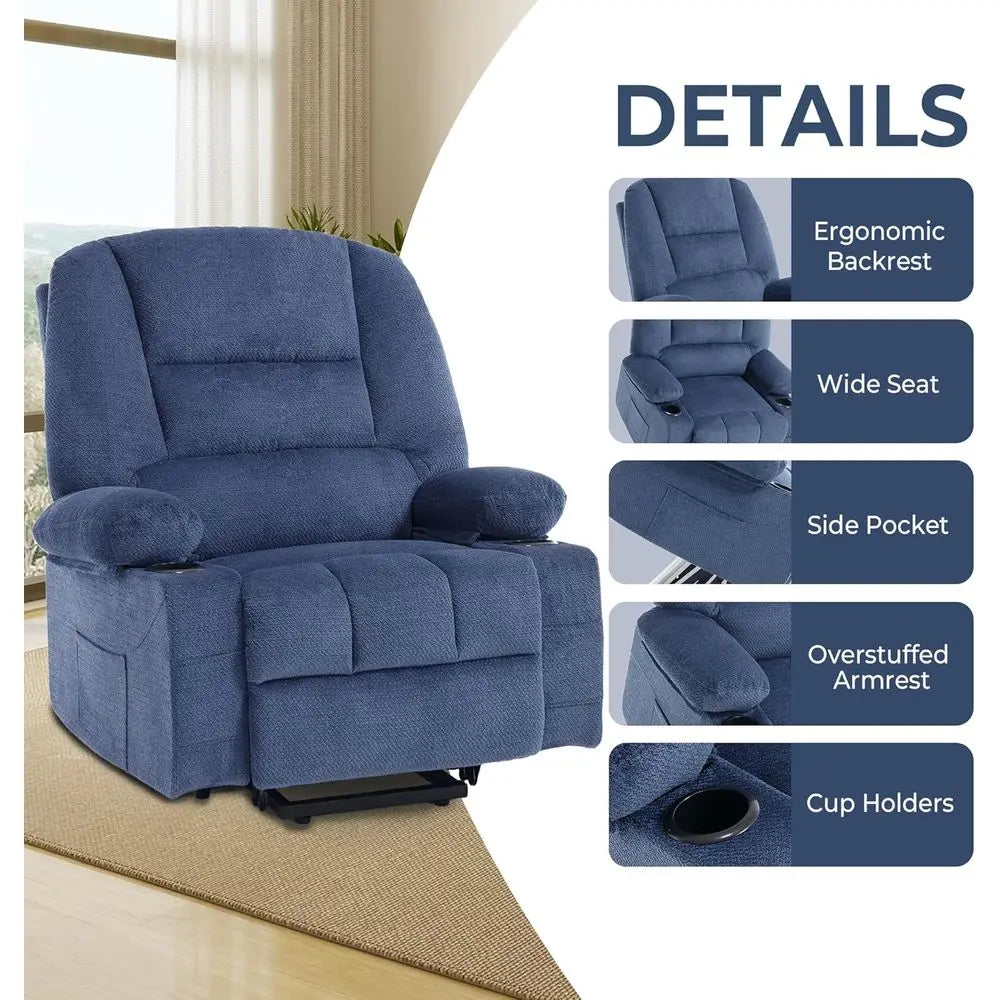 Electric Recliner Chair with Cup Holder, USB Port, Fabric, Power-Lift, Heat, and Massage, Ideal for Seniors, Blue