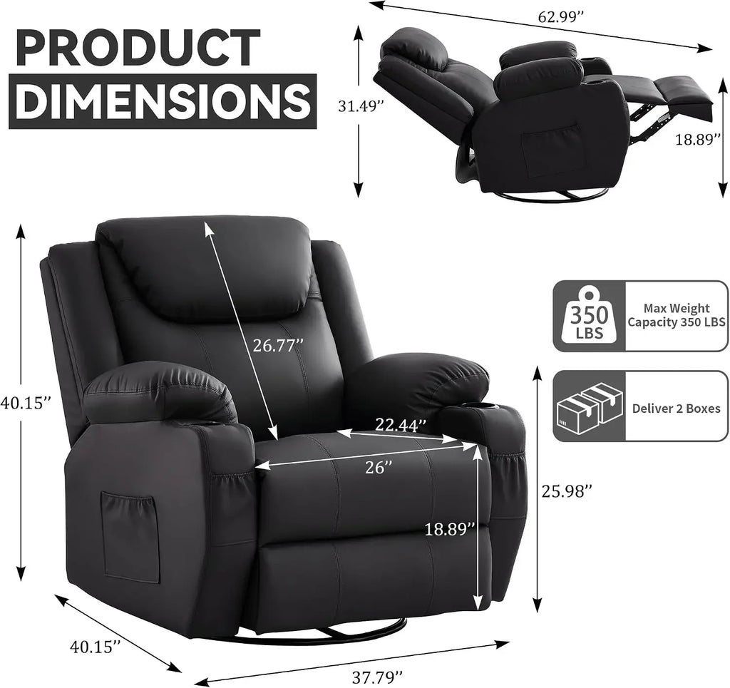 Adult 360 Degree Swivel Rocker Recliner Heated Massage Cup Holders Faux Leather Manual Remote Control Chair