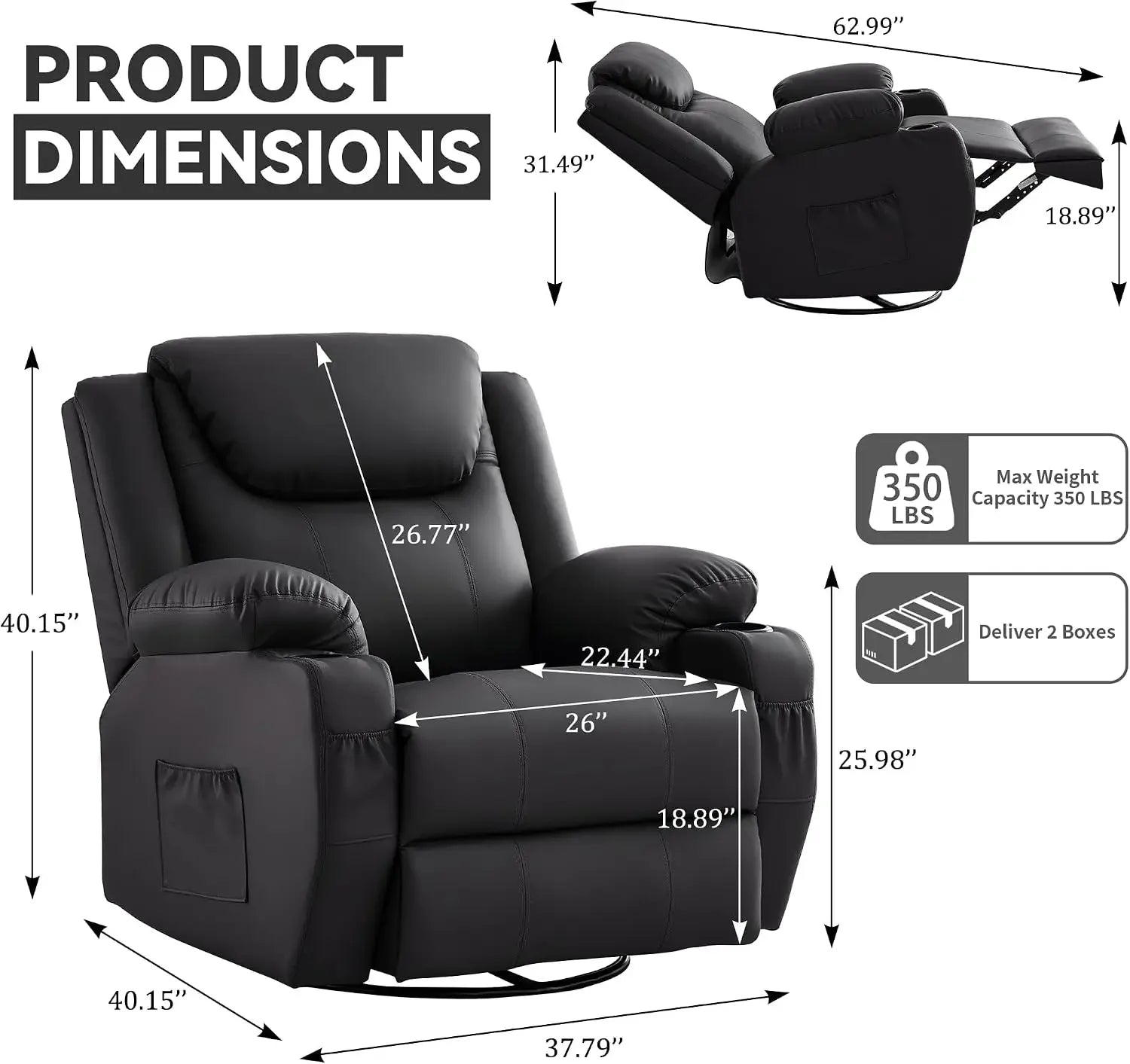 Adult 360 Degree Swivel Rocker Recliner Heated Massage Cup Holders Faux Leather Manual Remote Control Chair