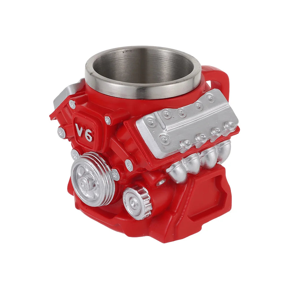 Retro Engine Coffee Mug with Handle 300ML 15oz V6 Engines Stainless Steel Cup Realistic Design Double Wall Insulation Car Mug