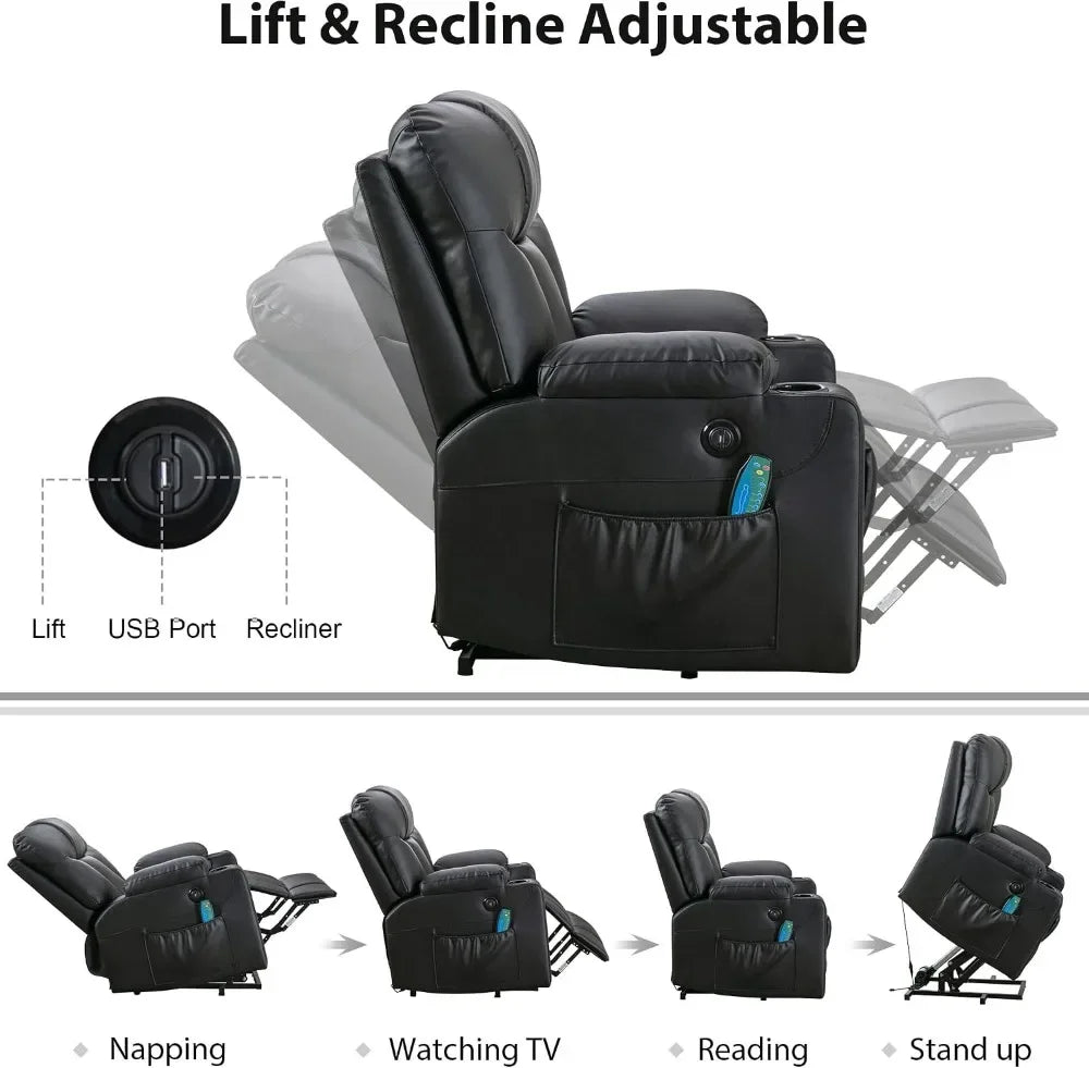 Extra Wide Lift Chair Heat Massage Power Recliner for Elderly 2 Cup Holders