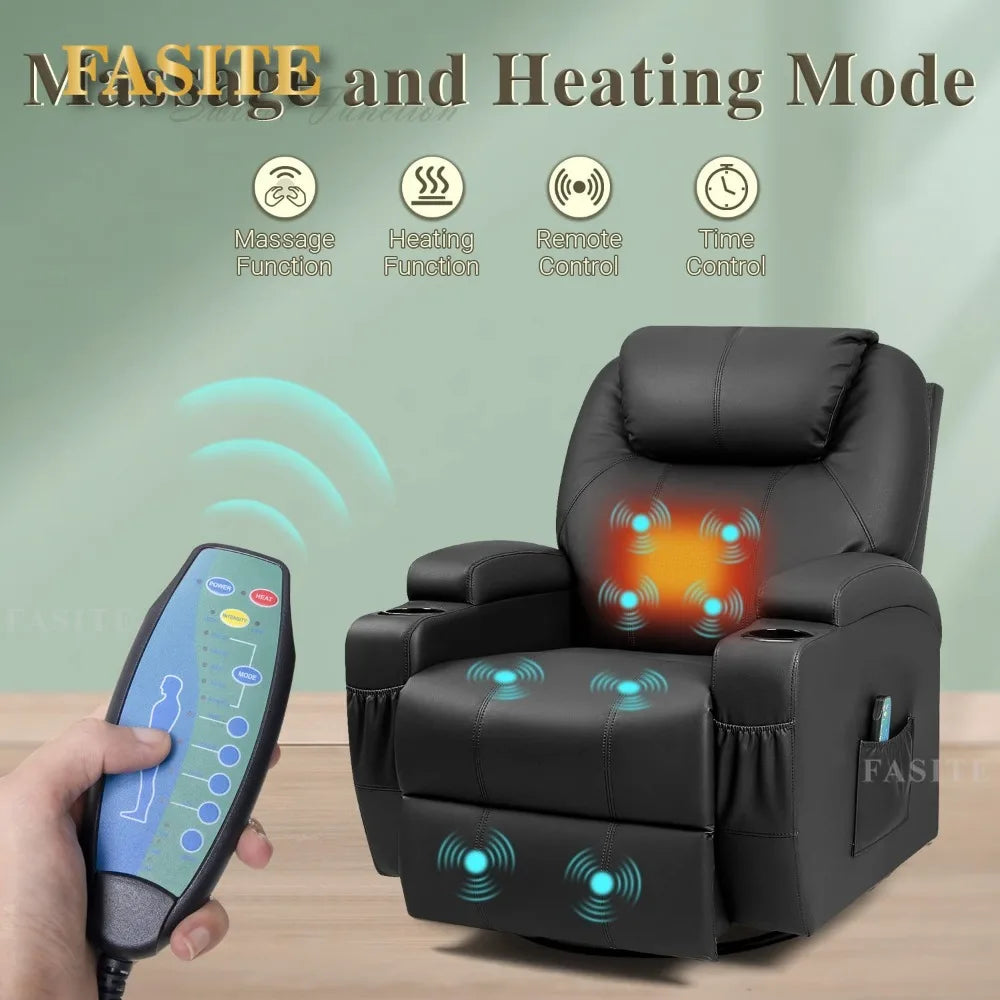 2023 New Swivel Rocker Recliner with Massage and Heating Functions, Sofa Chair with Remote Control and Two Cup Holders