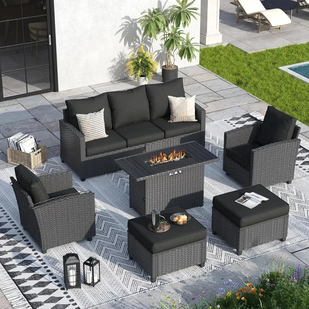 6 Pcs Patio Furniture Set with 44" Propane Gas Fire Pit Table, Rattan Outdoor Couch with Ottomans, 4" Thick, Customized