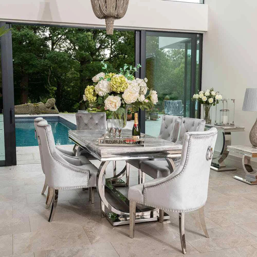 Modern Living Room Furniture Stainless Steel Dining Tables and Chairs Set Marble Stainless Steel  Dining Table