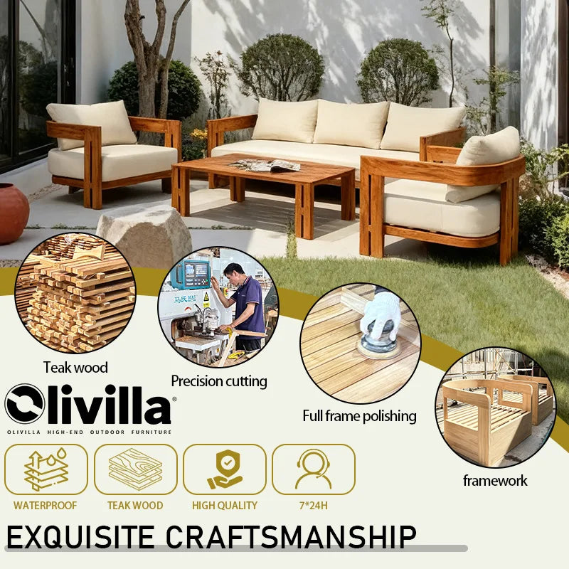 High end Teak Wood Sofa Villa Courtyard Open-air Furniture Combination Hotel Outdoor Waterproof Garden Leisure Sofa Coffee Table