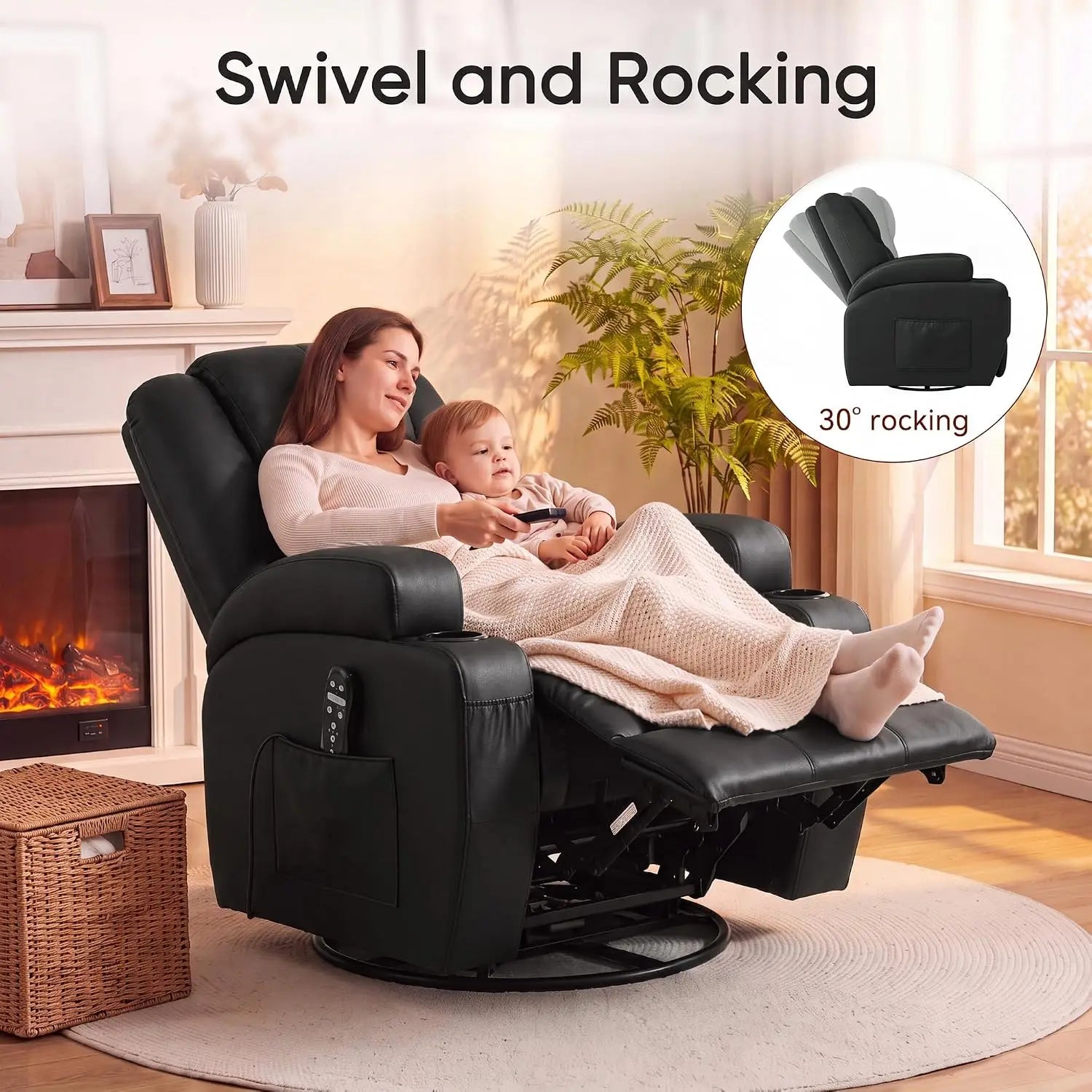 Recliner Chair, 360° Swivel Rocker Chair for Adults, Rocking Recliner Chair with Massage, Comfy Single Sofa with Side, Custom