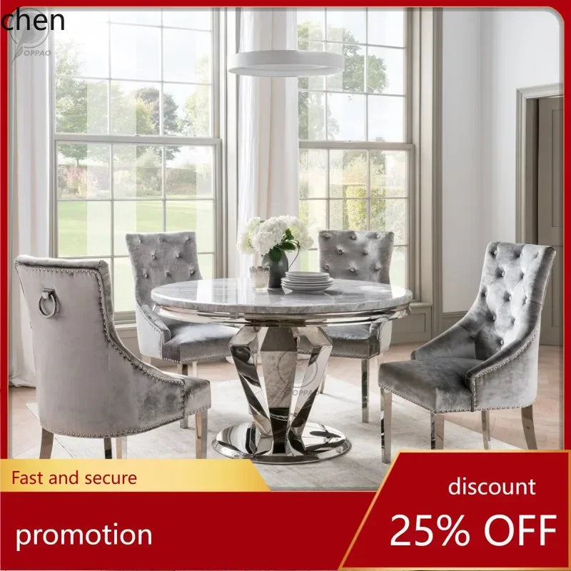 y8- High-End Stainless Steel Marble Round Dining Table and Chair Set for Home Post-Modern Minimalist