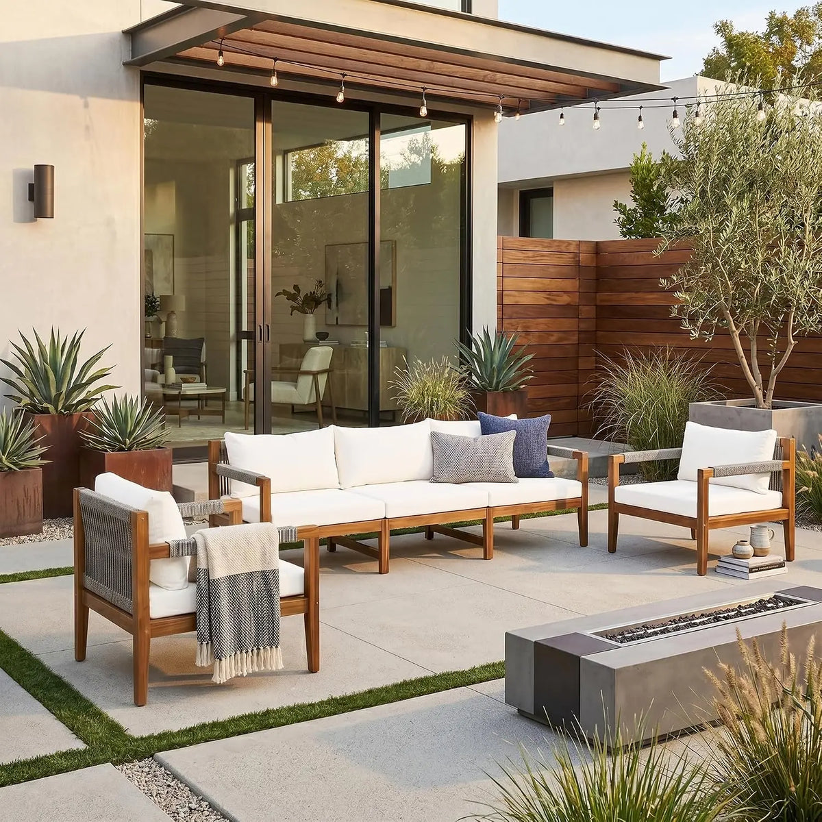 4-Piece Patio Set, All Weather Sectional w/ 2 Chairs, Loveseat & Table, Acacia Wood Outdoor Furniture with Cushions, Customized