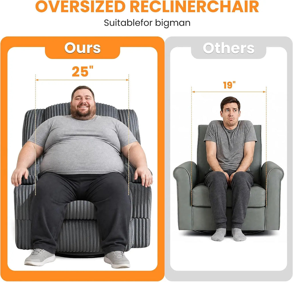 Oversized Corduroy Recliner Chair with Massage and Heat, 360° Swivel Rocker | Corduroy recliner with USB charging, cup holders a
