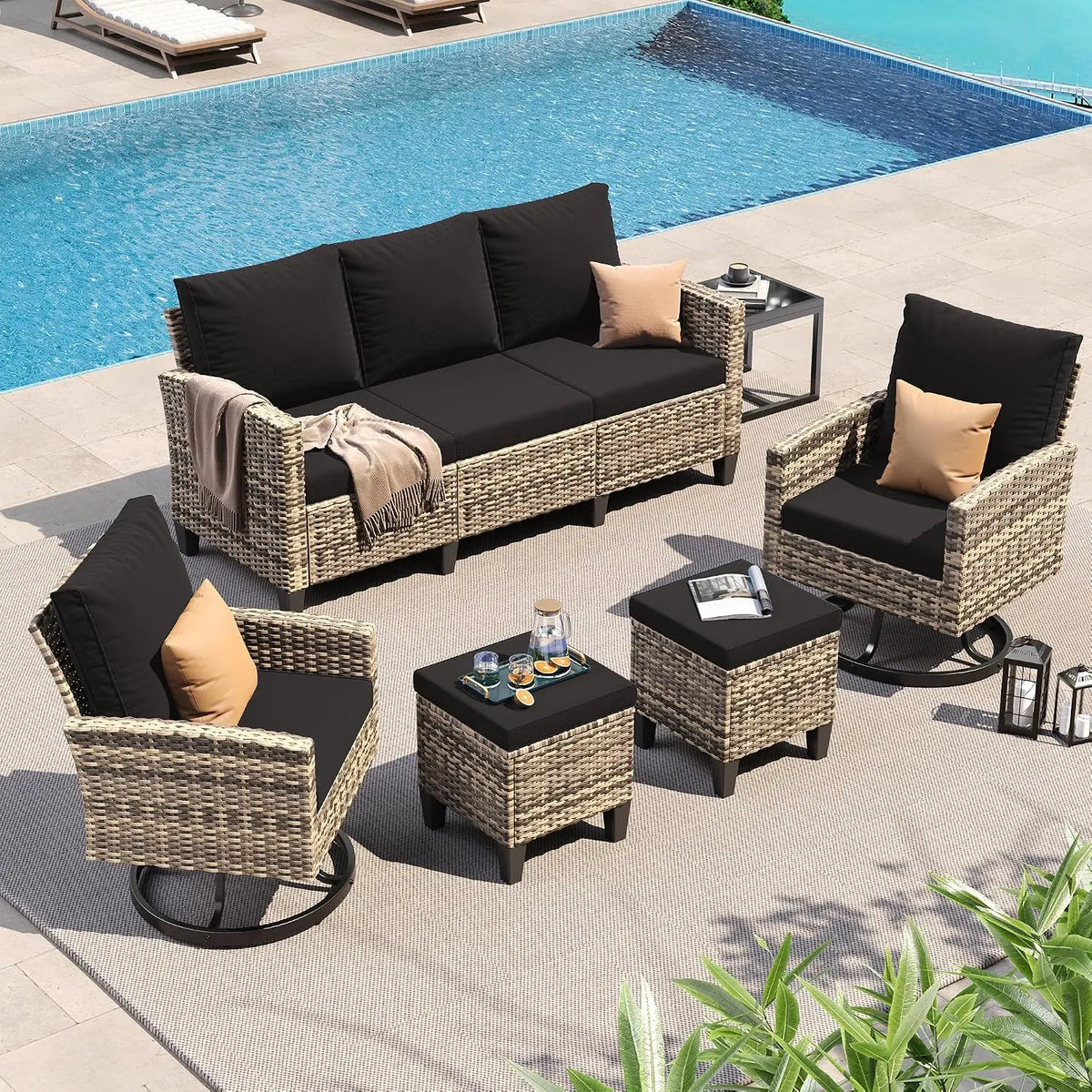 Outdoor Patio Furniture Set with Swivel Chairs 7 Pcs Black/Yellow | Outdoor Conversation Sets, Ottomans and Coffee, Customized