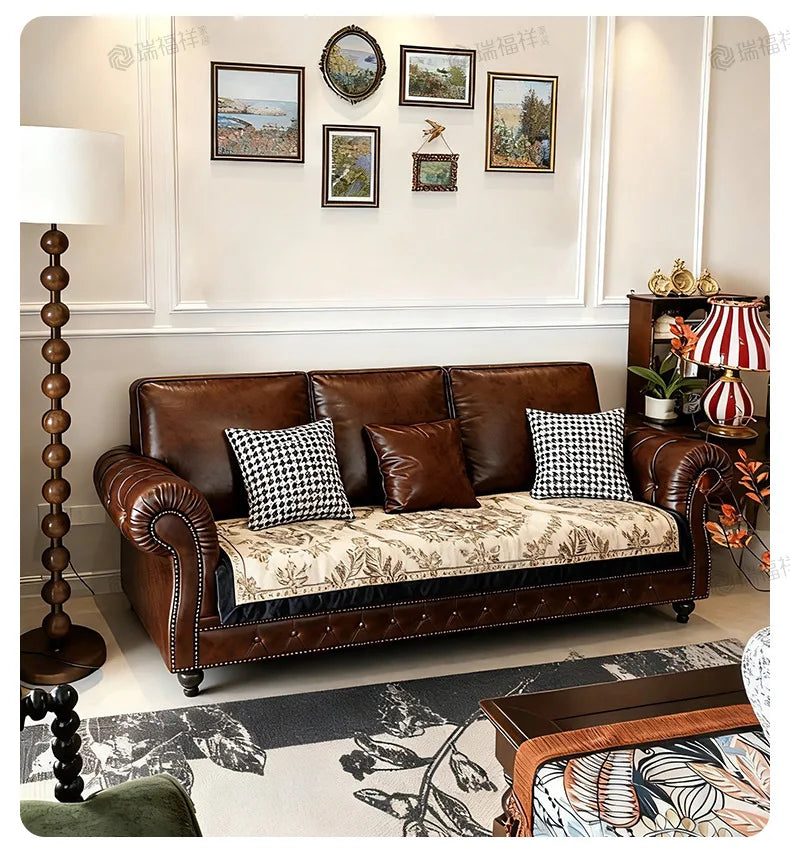 4-10 genuine leather sofa, living room 3-4 seater sectional, vintage oil wax leather brown straight sofa