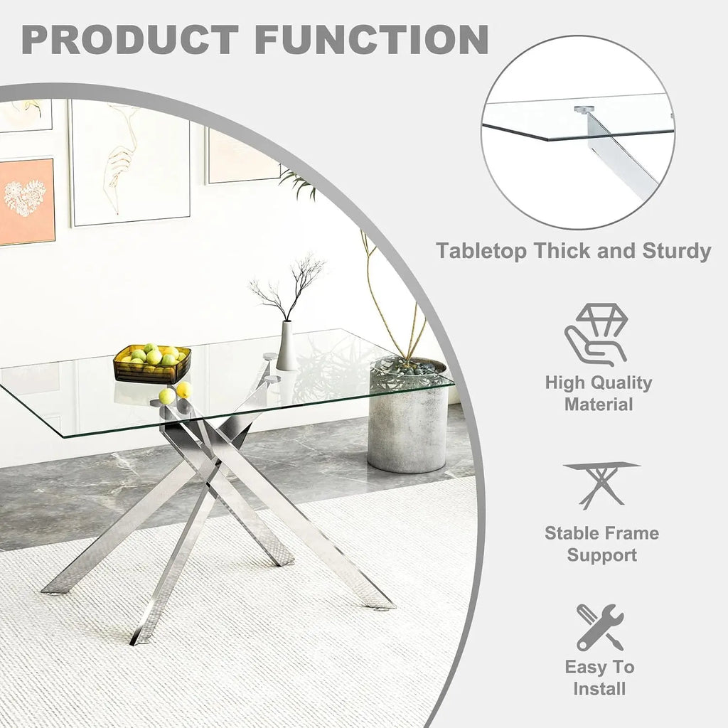 51" Glass Dining Table Set for 4, Grey | Tempered Glass Top, Silver Metal Legs, Velvet Chairs, Modern Dining Room Set, Custom