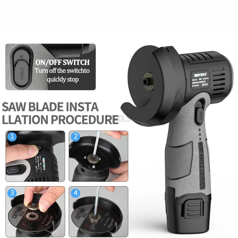 12V Mini Brushed Angle Grinder 3-inch Portable Lithium Battery Wireless Electric Polishing Machine Grinding and Cutting Tools