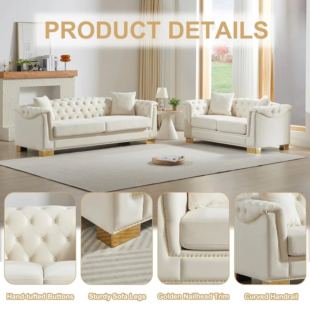 #2 Pieces 84" 3-Seater + 62" Loveseat Beige Velvet Sofa Sets, 4 Cushion Classic 6.5" Rolled Arm Modern, Customized