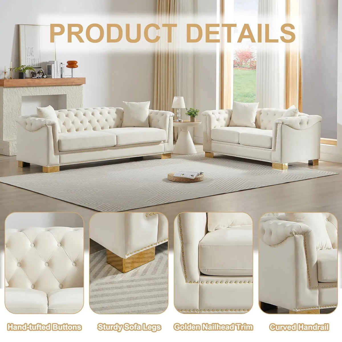 #2 Pieces 84" 3-Seater + 62" Loveseat Beige Velvet Sofa Sets, 4 Cushion Classic 6.5" Rolled Arm Modern, Customized