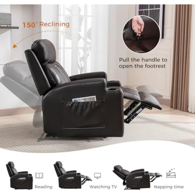 Manual Recliner Chair with Massage and Heat,Breathable Leather Recliner Chair with Armrest and Backrest, Manual