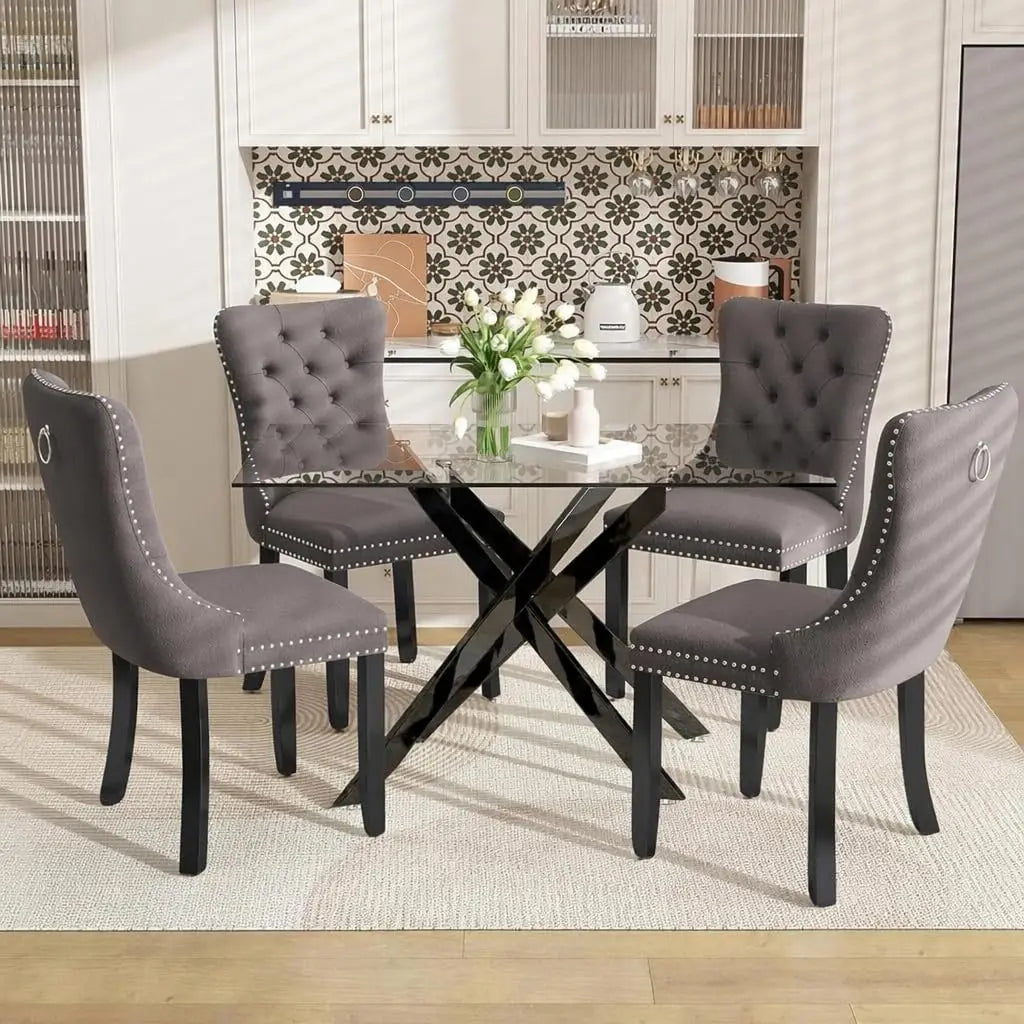 51" Glass Dining Table Set for 4, Grey | Tempered Glass Top, Silver Metal Legs, Velvet Chairs, Modern Dining Room Set, Custom