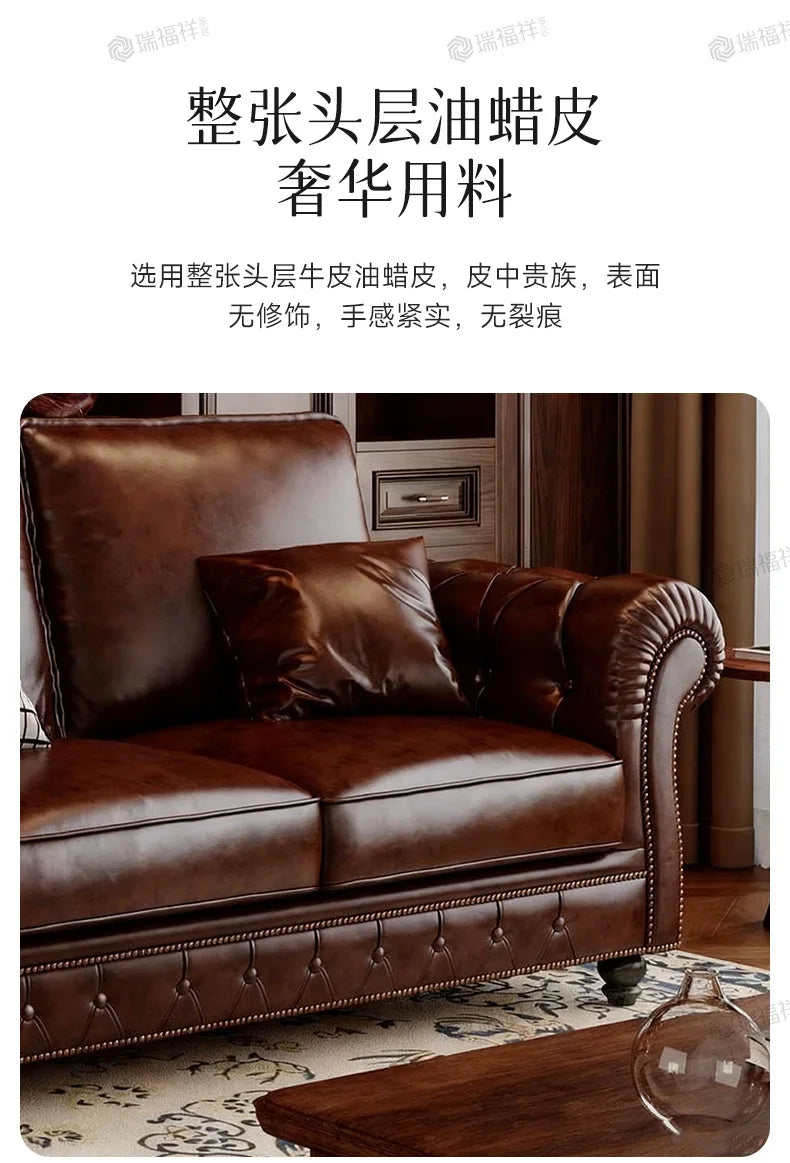 4-10 genuine leather sofa, living room 3-4 seater sectional, vintage oil wax leather brown straight sofa