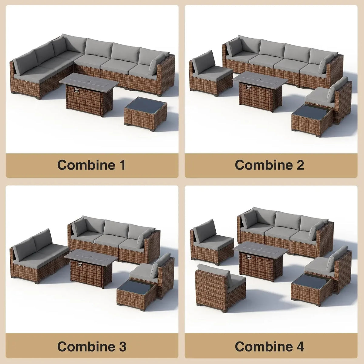 Qsun 8 Pieces Outdoor Patio Furniture Set with 44.9" Fire Pit Table, All-Weather Wicker Outdoor Patio Sectional Set with Coffee